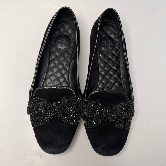 Tory Burch Carissa Embellished Bow Suede Leather Black Ballet Flat Size 7.5 M - Picture 2 of 14